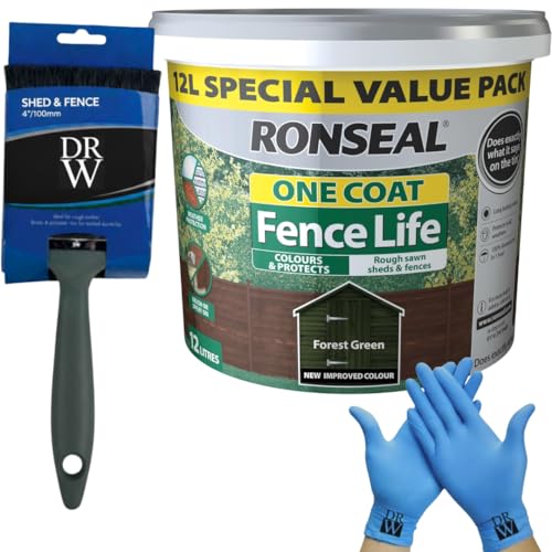 DRW One Coat Shed & Fence Protector 12L Forest Green + Free 4 Fence Paint Brush & Nitrile Gloves | Long-Lasting Weatherproof Wood Protection | One Coat Formula for Sheds, Fences & Timber