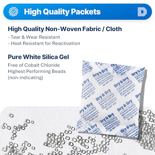 Image of Dry & Dry 100 Gram [100 Packets] Silica Gel Packets Desiccants, Silica Packets - Rechargeable Moisture Absorbers for Food Storage, Electronics, 3D Filament & Safes