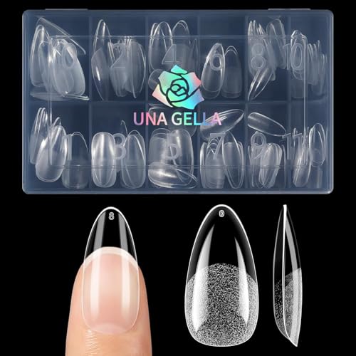 Image of UNA GELLA Medium Almond Gel Nail Tips Almond Shape Pre-etched 120Pcs | 12 Sizes Soft Gel Clear Acrylic Fake Nails Half Matte Full Cover Nails Tips for Nail Extensions DIY Salon Long Lasting