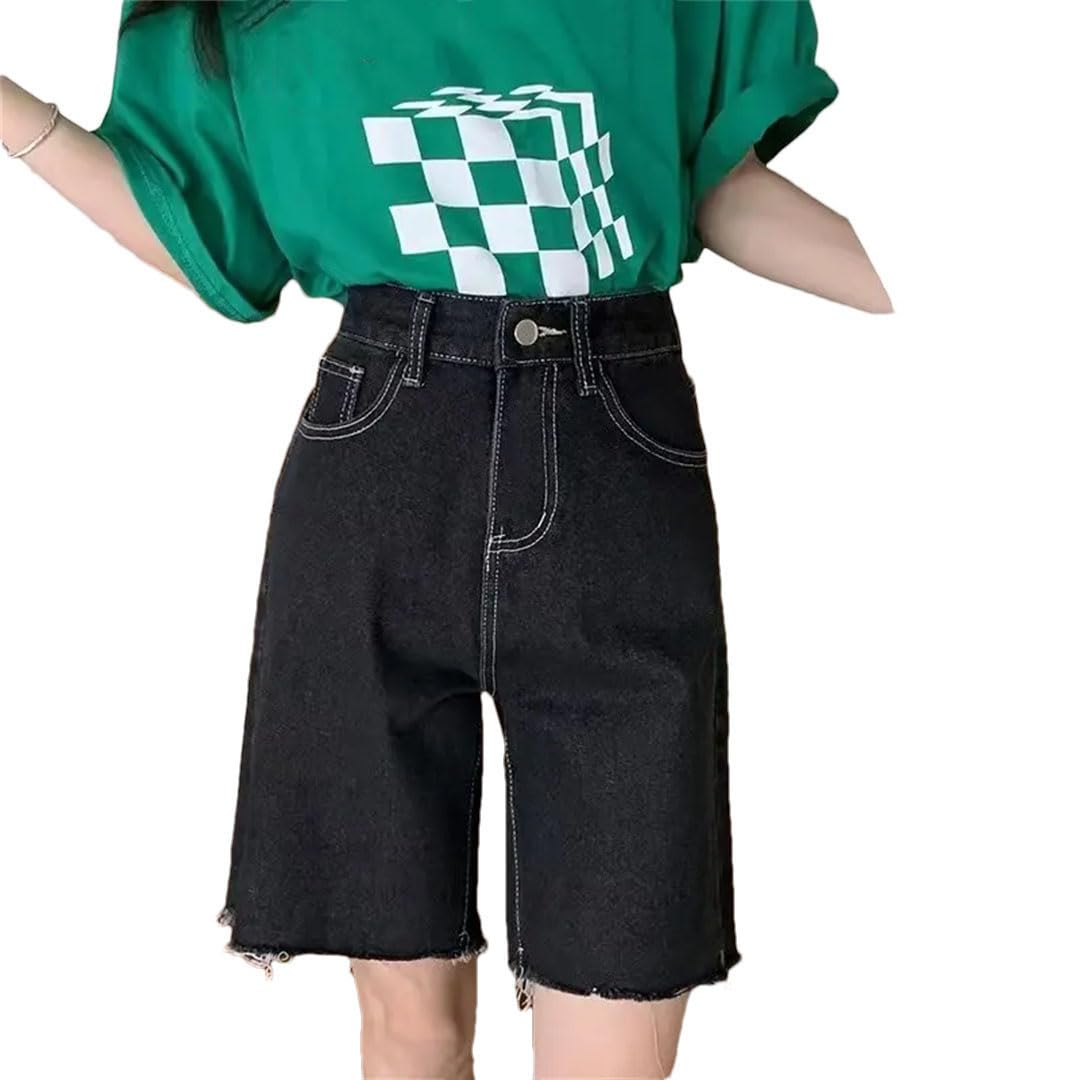 Damskie spodenki jeansowe dla Harajuku Vintage Denim Szorty Jednolite Casual Proste Półspodnie, Czarny, M