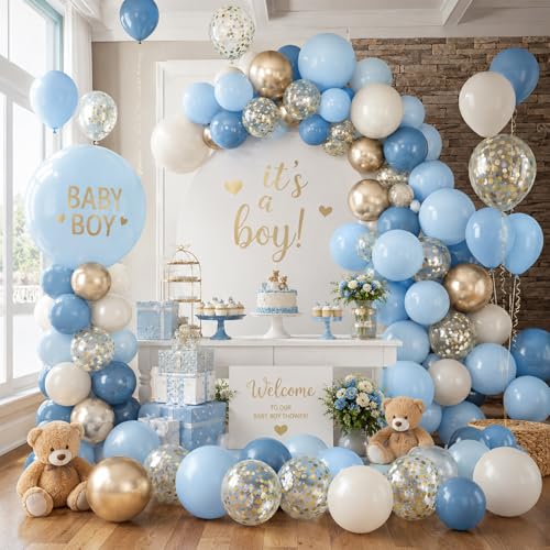 Image of HILAVO Dusty Blue Balloons 12 Inch Pastel Fog Blue Slate White Sand Metallic Gold Confetti Party Balloons Light Baby Blue White Gold Latex Balloon for Boy Baby Shower Birthday Wedding Party Decoration