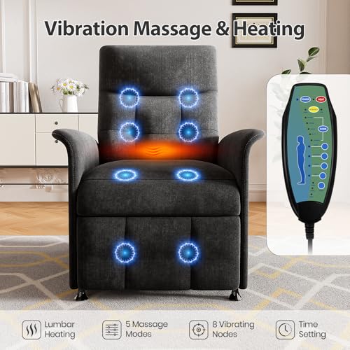 Image of Power Recliner Chair for Adults with Heat & Massage - Soft Fabric Electric Reclining Sofa with Remote Control, 3 Side Pockets, 180 Lay Sleeper for Living Room Home Theater, Black