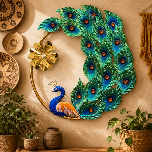 Image of SHREE 'O' GREEN TECH - Modern Round Peacock Metal Wall Art Handmade Decorative Iron Leaf Wall Hanging for Living Room Bedroom Entryway Dining Room Office Hotel Decoration