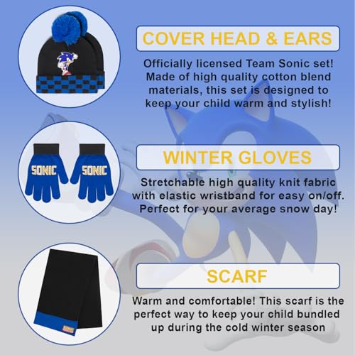Image of Sonic The Hedgehog Winter Hat and Gloves Set - Blue Sonic Hat for Boys Ages 5-13 - Winter Hat with Scarf and Glove Set