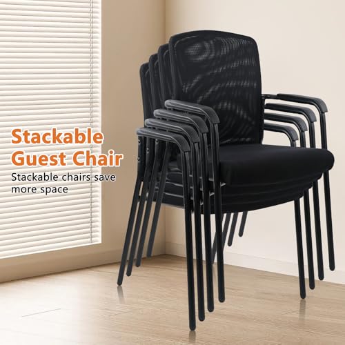 Image of CLATINA Stacking Reception Chairs Set of 2, Stackable Waiting Room Chairs with Upholstered Seat and Armrest, Ergonomic Mesh Back Office Guest Chair for Home Conference Lobby Church School, Black