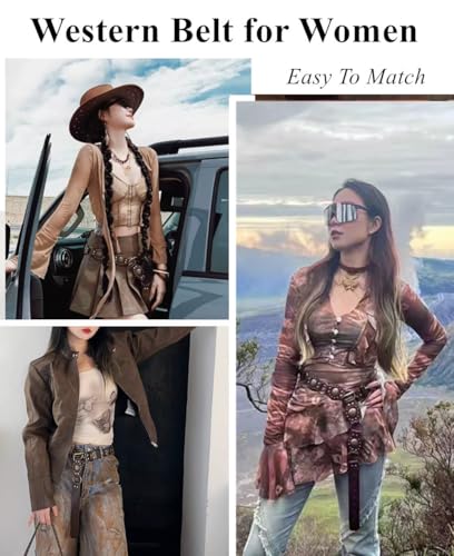 Brown Western Belts for Women Cowgirl Y2K Studded Leather Concho Chain Belt Wide Boho Disc Vintage Country Belts for Dresses Jeans, Fit Waist up to 34"4