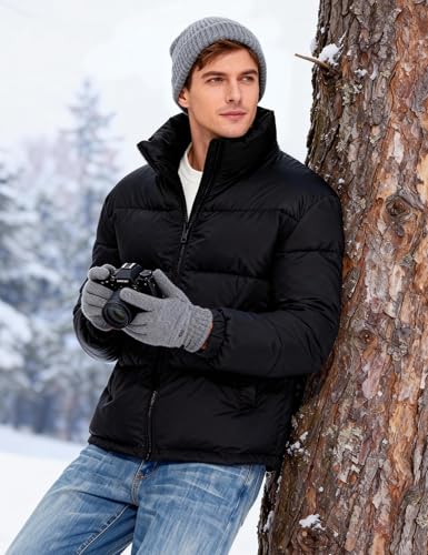Image of PEHMEA Men's Puffer Jacket Stand Collar Zipper Coat with Pockets Retro Bubble Outwear for Winter