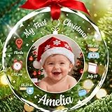Décoration de Noël personnalisée : la décoration de ma première tenue de Noël pour bébé fille et garçon peut être gravée avec le nom de votre bébé, la date, ce qui rend le premier Noël de votre bébé unique et mémorable. Idéal pour les annonces de grossesse, les cadeaux de nouveau-né et célébrer le premier Noël d'un bébé garçon ou d'une fille.