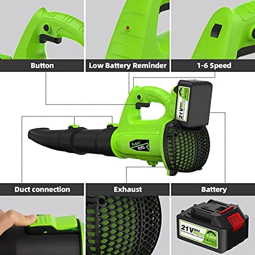 Huepar Cordless Leaf Blower-6 Speed Electric Leaf Blower with 20V 4.0Ah Li-ion Battery and Fast Charger, 321CFM 135MPH Lightweight Leaf Blower for Garden, Yard and Lawn Cleaning & Snow Blowing-RC3003
