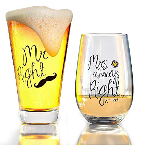 Mr. Right and Mrs. Always Right Wine Glass, Beer Glass Combo, Funny Wedding, Anniversary, Engagement Gift for Couples, Her and Him by Momstir