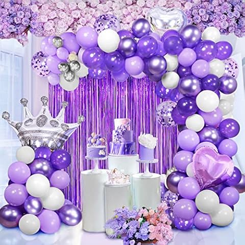 Purple Balloon Arch Kit Purple Confetti Latex Balloons with Crown Heart Foil Balloons, Fringe Curtain Metallic Purple Balloons for Girl Women Party Decoration Supplies Cover