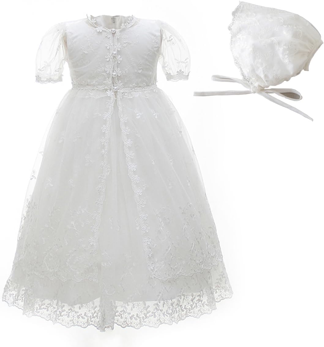Baby Girls Lace Christening Baptism Gowns Sleeveless Princess Party Wedding Dress with Bonnet