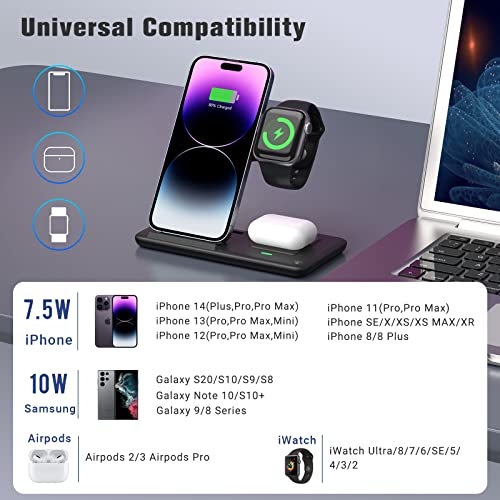 Charging Station For Apple Multiple Devices, 3 In 1 Fast Wireless Charger Foldable For Iphone 14/13/12/11/Pro/Xs/Xs Max/Xr/X/Se/8/8 Plus Apple Watch 8/7/6/Se/5/4/3/2 Airpods 3/2/Pro With Adapter #TOP2