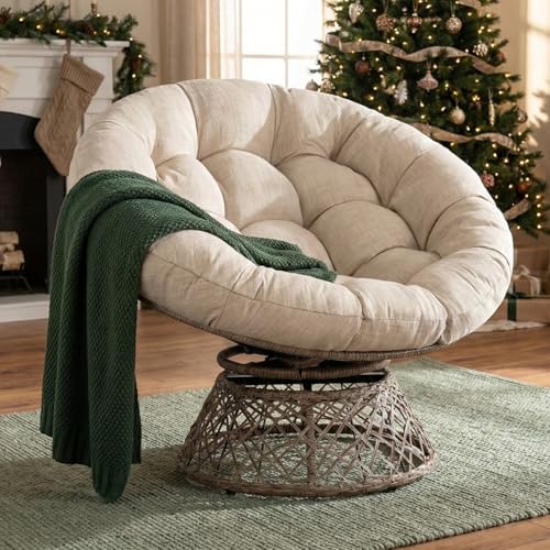 Bme 40' Ergonomic Wicker Papasan Chair with Soft Thick Density Fabric Cushion, High Capacity Steel Frame, 360 Degree Swivel for Living, Bedroom, Reading Room, Lounge, Sepia Sand - Brown Base