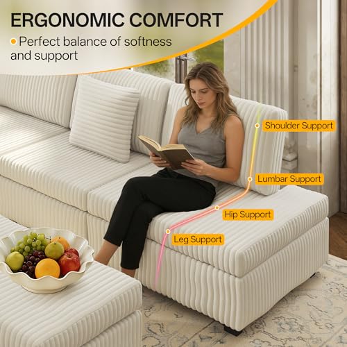 Image of KEIKI 110 inch L-Shaped Oversized Plush Corduroy Modular Sectional Sofa with Pull-Out Bed, Convertible 6-Seater Sleeper Couch Bed with 1 Ottomans & USB & Cup Holders, Easy Assembly, for Living Room, Beige