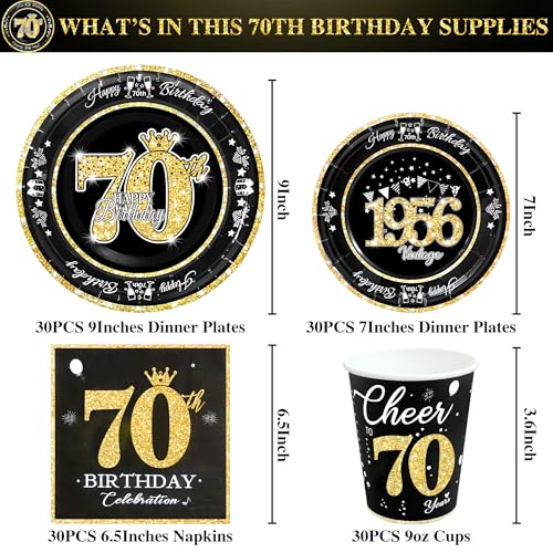Image of 70th Birthday Decorations Plates and Napkins Black and Gold, Service for 30, Vintage 1956 Birthday Party Bundle Includes Black Gold Plates, Napkins, Cups 70th Birthday Supplies for Men Women
