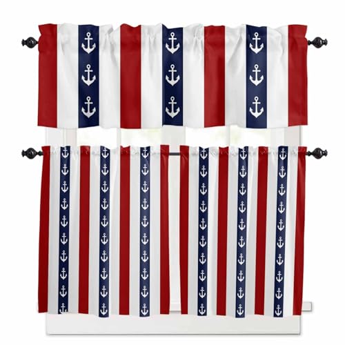 Nautical Anchor Kitchen Curtains 36 Inch Length, 3 Piece Rod Pocket Small Half Tiers and Valance Set, Red Navy Blue White Stripe Geometric Small Large Window Treatment Decor for Bedroom/Bathroom Sink