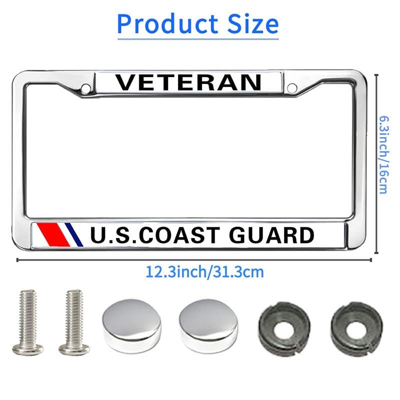 Image of US Coast Guard Veteran License Plate Frame Metal Auto Car Tag Holder | US Coast Guard Veteran License Plate Frame Chrome Metal Car Tag Cover Fit Standard US Auto Trucks Exterior Accessories