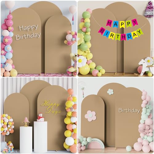 Image of Wokceer Wedding Arch Backdrop Cover (7.2FT, 6.6FT, 6FT) Set of 3 Spandex Fitted Wedding Arch Stand Covers for Round Top Chiara Backdrop Stands Cover for Birthday Party Ceremony Decor Khaki
