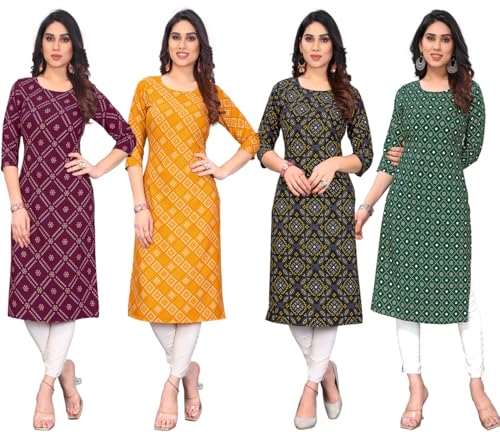 Image of JAKHANA Women's Crepe Printed Casual Straight Calf Length Round Nick Kurta Pack of 4