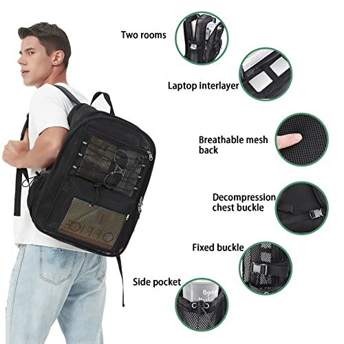 Mesh Backpack Heavy Duty for School, 35L Extra Large Mesh Bookbag for Adults, See Through Mesh Black School Bag with Laptop Pocket for Work Swimming Beach Fitness Sport4