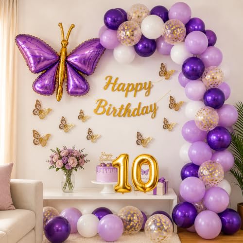 Image of 62Pcs Purple Butterfly Birthday Decorations for Girls - Pastel & Dark Purple, White, Gold Balloon Garland Arch Kit with 3D Butterfly Wall Stickers, Happy Birthday Banner, Pump (10th Birthday)