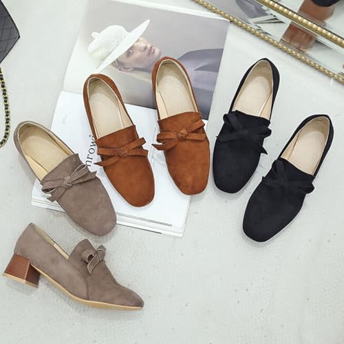 Alyaafifa Bow Pumps for Women Stacked Block Mid Heel Closed Square Toe Slip On Office Lady Working Dressy Shoes Comfortable Suede Leather Heeled Loafers Casual Daily Wear4