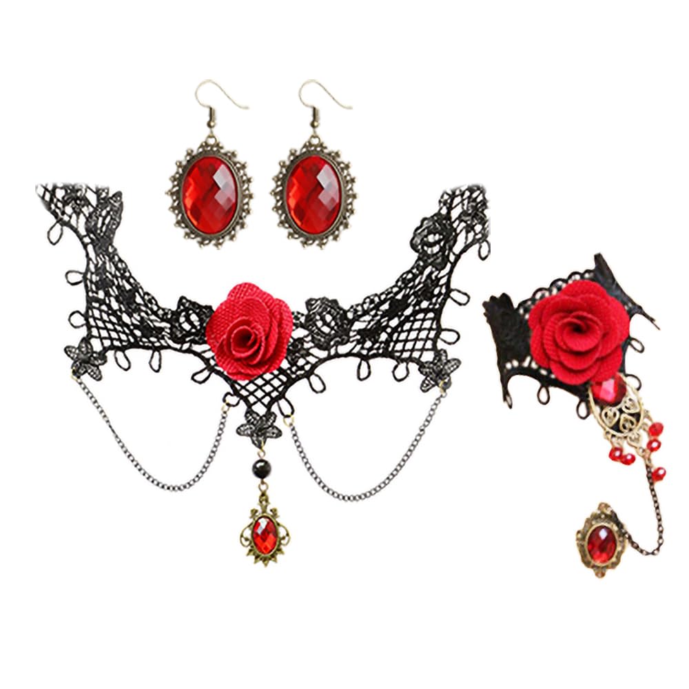 QTANZIQI 3 Piezas de Collar de Encaje gótico Conjunto de joyería para Mujer de los años 80 Vintage Rosa Flor Collar Gargantilla Collares Pulseras Anillo de Dedo CZ Fiesta de Disfraces