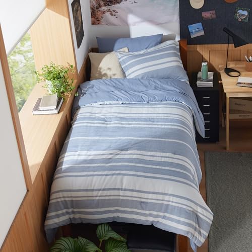 Image of Bedsure Twin XL Comforter Set 5 Pieces, Blue Striped Bedding Set for All Seasons, Reversible, Cationic Dyeing Bed in a Bag with Comforter, Sheets, Pillowcase & Sham