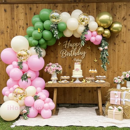 Pink and Green Balloon Arch Kit with Gold Butterflies – Double Stuffed Sage Green Pink Balloon Garland Kit for Girls Baby in Bloom Baby Shower, Birthday, Bridal Shower & Wedding Decorations