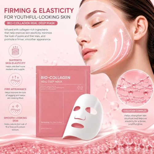 Image of Bio-Collagen Real Deep Sheet Mask for Hydrating and Firming Skin | Face Mask for Glowing Appearance and Pore Care with Hyaluronic Acid and Probiotics | Suitable for All Skin Types, 34g