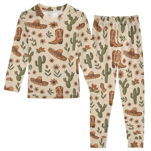 Pajama Sets Long Sleeve Western Boots Floral Pattern Soft Comfy Sleepwear 2 Piece PJS 3-8T