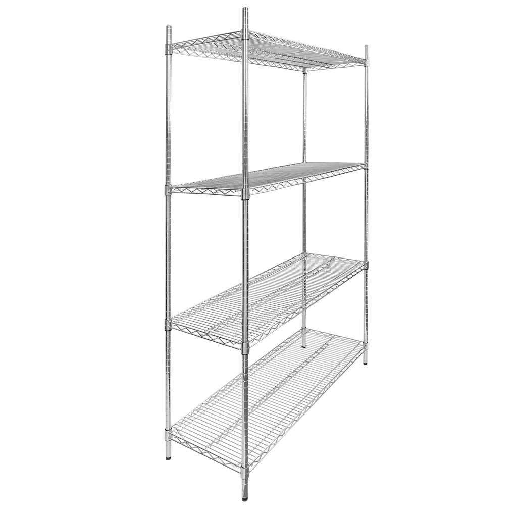 Mega-M Estantería de alambre cromado de 4 estantes 90 × 45 × 180 cm de acero cromado estantes ajustables capacidad de carga 250 kg/estante montaje sin herramientas