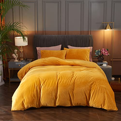 Ivellow Velvet Duvet Cover Set - Queen Size, Gold Velvet Comforter, 3 Pcs Ultra Soft, Breathable Solid Luxury Flannel Velour, Zipper Closure, Corner Tie