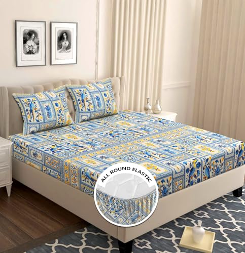 Image of SANMARINO Premium Cloud Cotton 360 Fitted King Bedsheet with 2 Pillow Covers | 300 TC Soft Fabric | Deep Pocket Elasticated Bed Sheet (78 x 72 + 10 Inches) (Mediterranean Indigo)