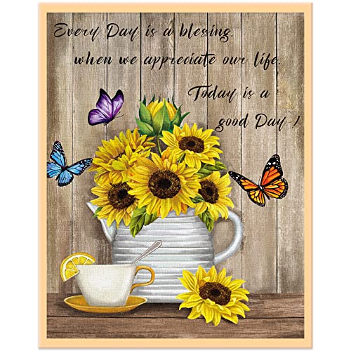 Sunflower Motivational Spring Wall Art Inspirational Quotes Good Day Floral In Vase Canvas Printing Artworks, 12" X 16" Rustic Spring Butterfly Farmhouse Decor Vintage Wood Poster For Bedroom Living Room Classroom Office(No Frame) #TOP21