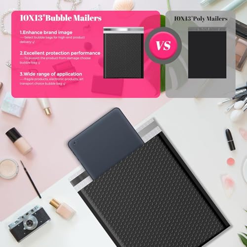 Image of METRONIC Bubble Mailers 10x13 inch Padded Envelopes Black 500Pack Waterproof | Self Seal Large Cushioning,Shipping Bags,Mailing Packaging Bulk for Books Jewelry Makeup Supplies,Tear-Resistant Opaque