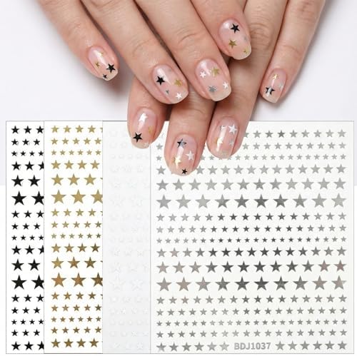 4 Sheets Star Nail Stickers for Nail Art, 4 Color 3D Glitter Shin...