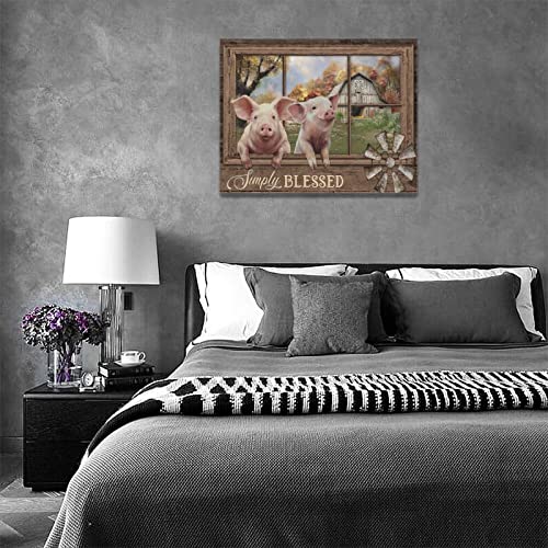 Farm Pig Wall Art Window Simply Blessed Cute Pigs Pictures Wall Decor Farmhouse Animal Pig Canvas Print Painting Rustic Funny Pig Decor Artwork For Bedroom Living Room Framed Ready To Hang 12"X16" #TOP5