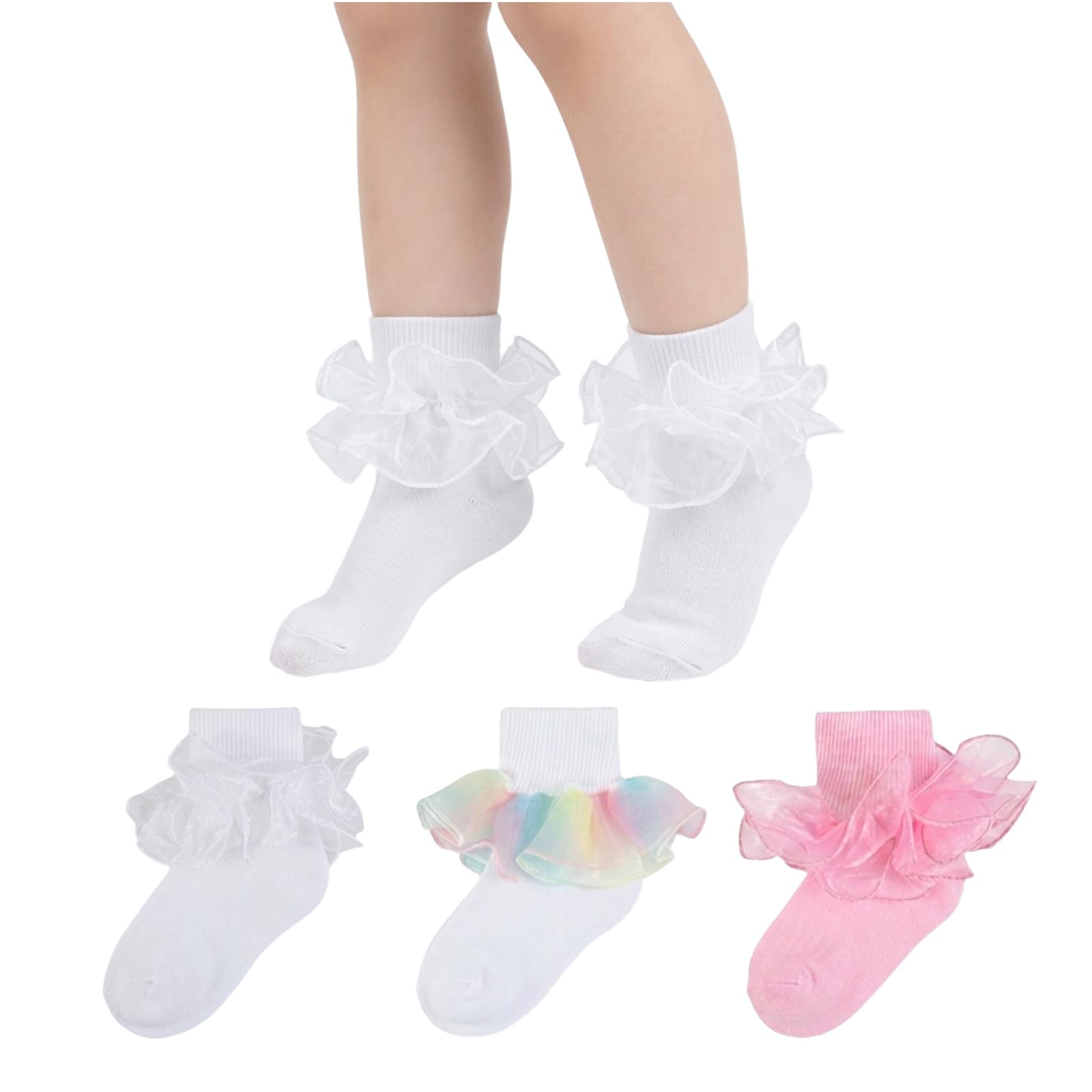 Photo 1 of !!USED FINAL SALE~!
Toddler Girls Double Lace Ruffle Rainbow Socks Turn Cuff Shimmering Big Ruffle Dress Lace Socks