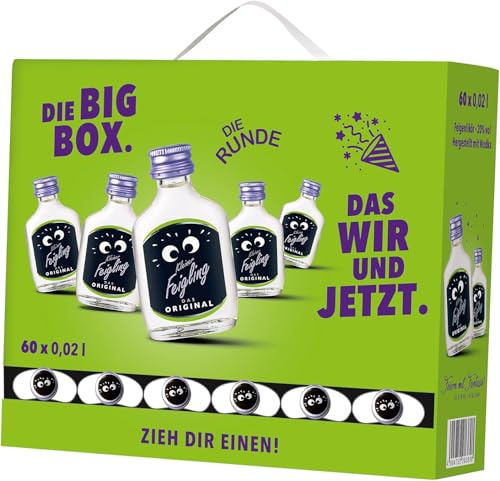 Kleiner Feigling Big Box – Das Original 60 x 20 ml feinster Vodka mit fruchtigem Feigenaroma 20 % vol. – Kultiger Party Schnaps für jede Feier – Frech, fruchtiger Shot