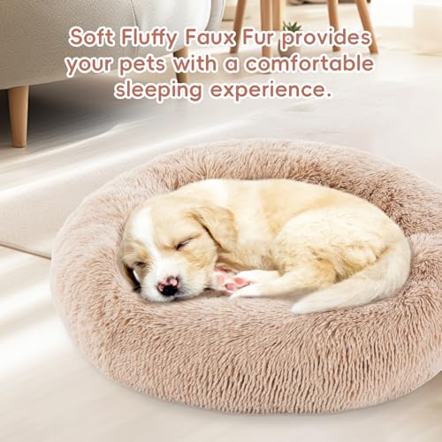 FluffyDream 24 Inch Donut Bed for Dogs, Calming, Brown, Washable, Plush Fur Dog Cuddle Bed - Image 6