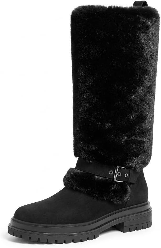 GORBINETI Women’s Fur Knee High Snow Boots Round Toe Winter Outdoor