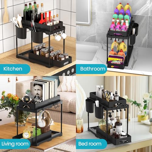 Pack de 2 Organizadores Bajo Fregadero, Almacenamiento Multiuso Bajo Gabinete con Ganchos y Tazas Colgantes, Organizador de 2 Niveles para Baño y Cocina (Negro) miniatura 3