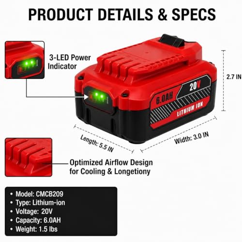 Image of Replacement for Craftsman V20 20V Battery 6.0Ah | High Capacity Lithium-Ion Battery Pack Compatible with Craftsman 20V Series Tools