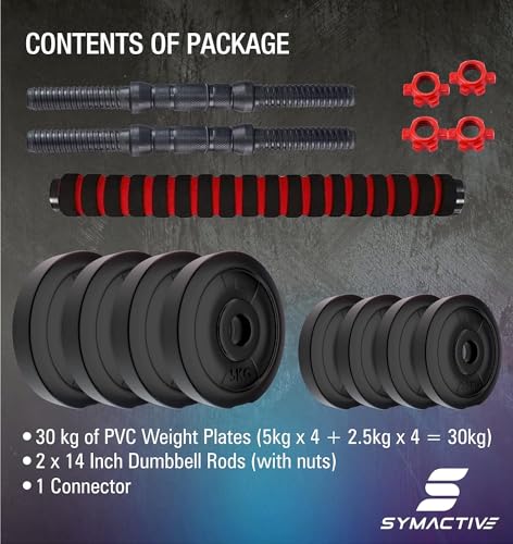 Image of Amazon Brand - Symactive PVC 30 Kg 3 | in | 1 Convertible Dumbbells Fitness Kit for Full Body Workout (2.5x4 + 5x4 Kg PVC Weight | 14'' Dumbbell Rods Pair & Nuts | 1 Cushioned Connector Rod)