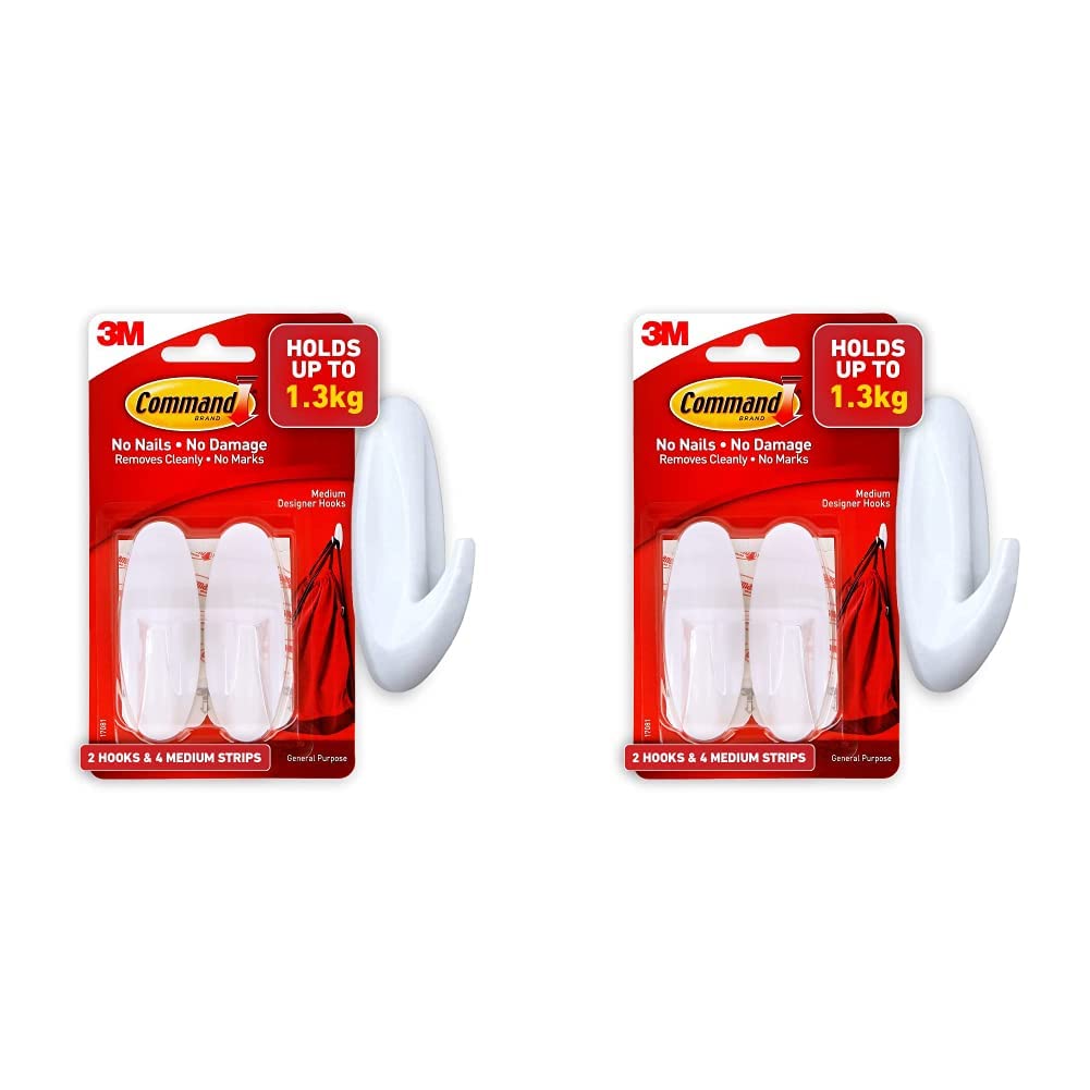 CommandMedium Designer Hooks, White, 2-Hooks, Organize & Decorate Damage-Free (Pack of 2)