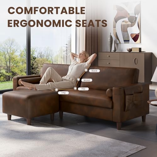 Image of Vesgantti 100 inch Faux Leather Sofa with Movable Ottoman, Wide Seating L Shaped PU Leather Couch with Side Pocket, Comfy Mid Century Modern Modular Sectional Sofa for Living Room, Office, Cocoa