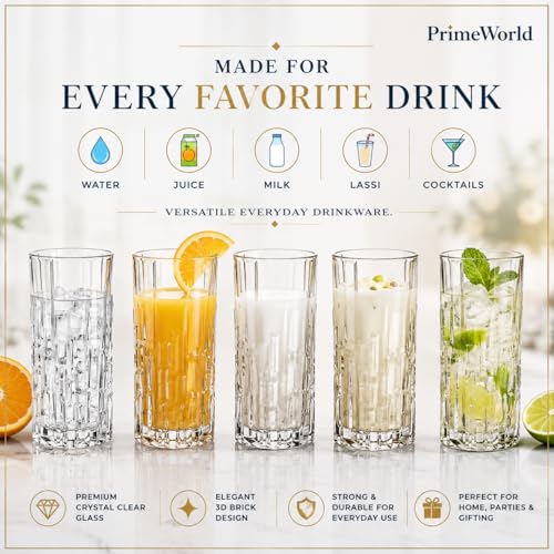 Image of PrimeWorld Italian Premium Water & Juice Glasses Set of 6-300ml | Transparent 3D Brick Design Crystal Highball Glasses for Water, Juice, Milk, Lassi & Cocktails