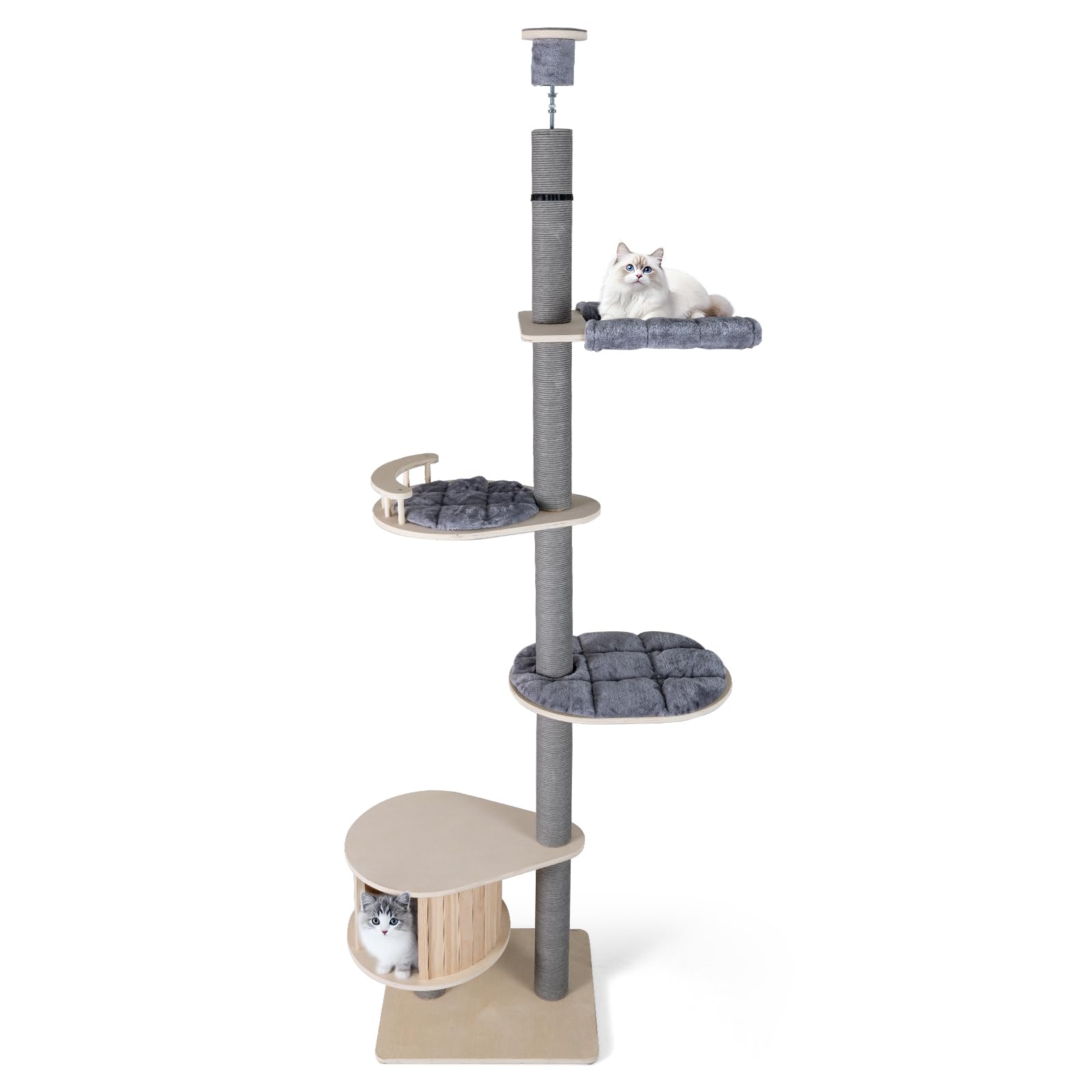GOPLUS Krabpaal plafondhoog, 236-271 cm kattenboom 5-traps, van vloer tot plafond reikende kattenspeeltoren met gevoerde hangmat, kattenhuis en krabzuil, kattenboom met platform